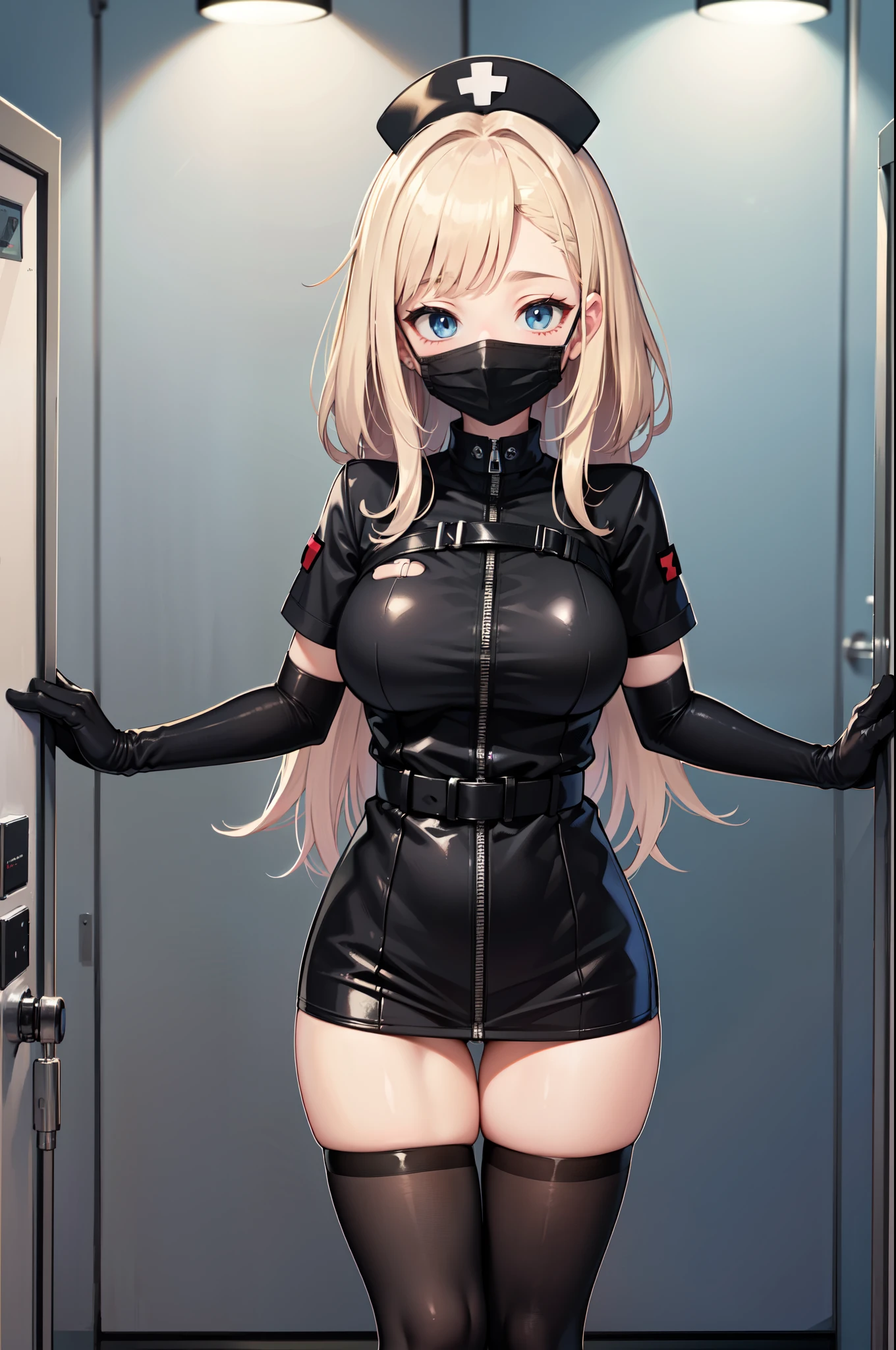 black nurse, 1woman, solo, black nurse cap, black nurse uniform, ((black legwear, zettai ryouiki)), black elbow gloves, blonde hair, blue eyes, ((black surgical mask, covered nose)), standing, ((surgery room)), sharp outline, short sleeves, mature female, 35 years old, best quality, masterpiece