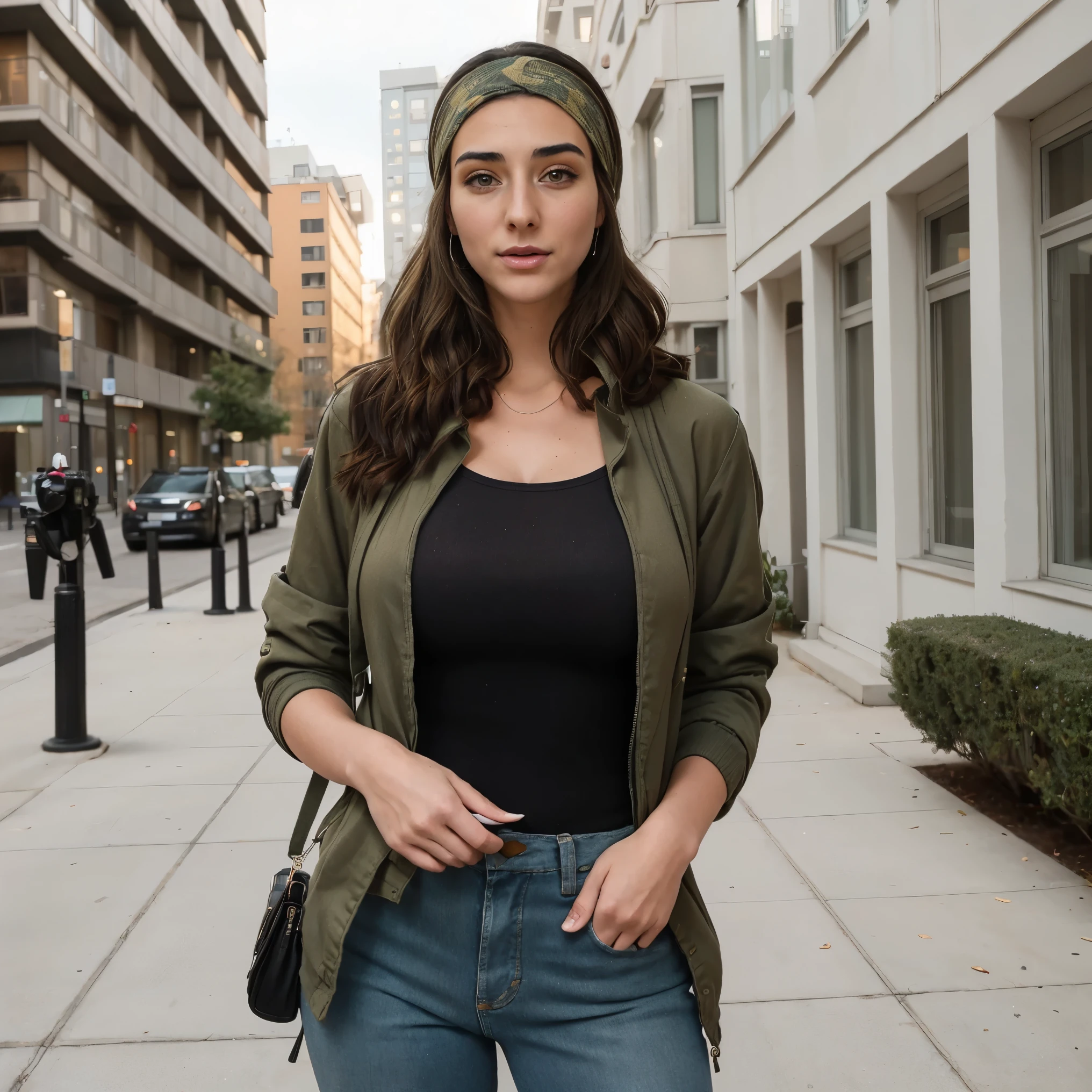 Extremely busty thin and toned brunette photographer, college girl, fair skin, loose side sweep, soft face, athletic, bandana babushka headwrap, tight olive green casual windbreaker, skinny jeans. standing in front of her apartment building, outdoors, city, camera bag, cleavage
