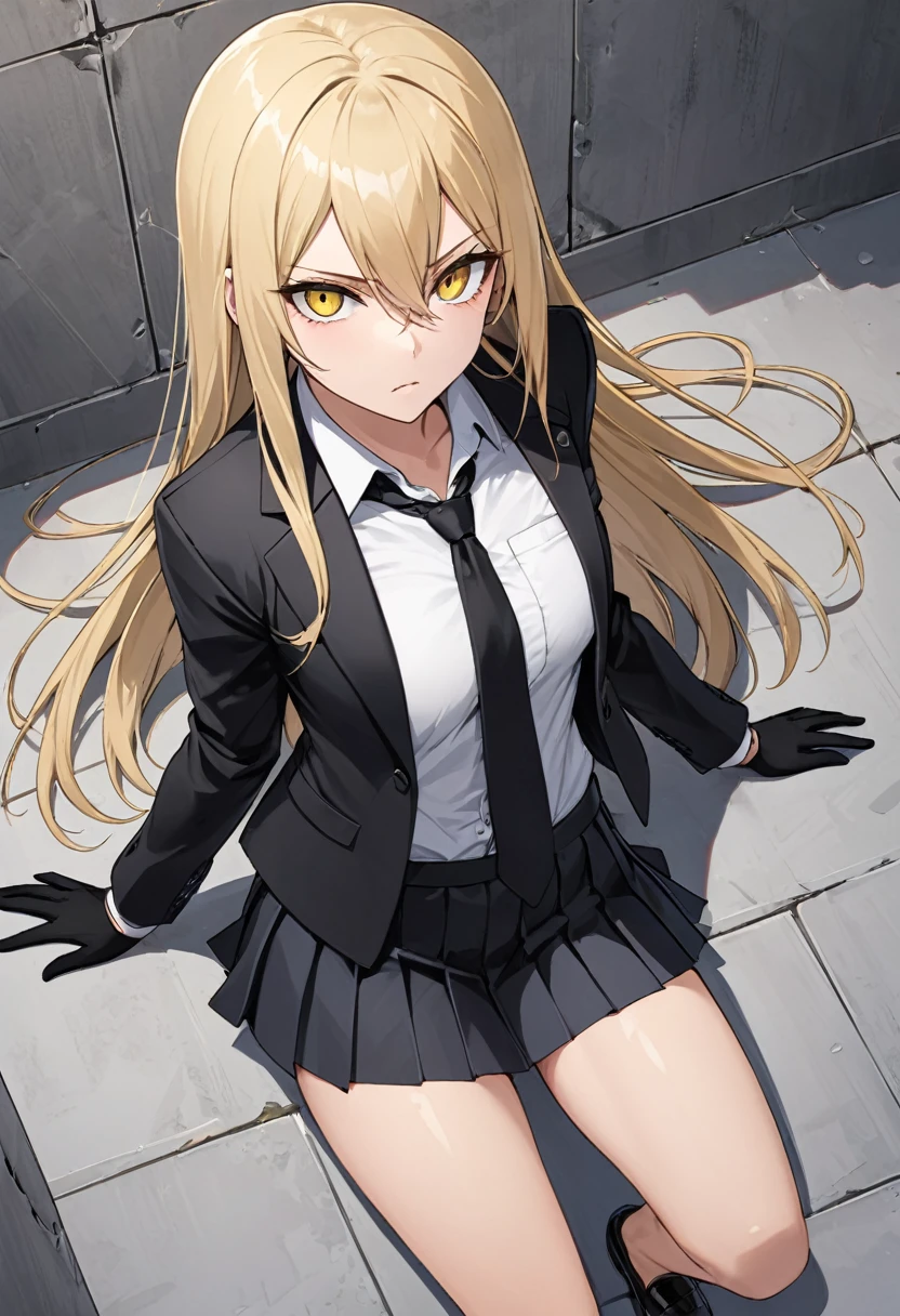 Black miniskirt ,shoes, dress shirt , View from above , pleated skirt , black long tie , assassin , whole body ,business attire , Black gloves , shorts blazer , bare legs ,blond hair , Inner wall , Sharp eyes , straight hair , thighs , whole body