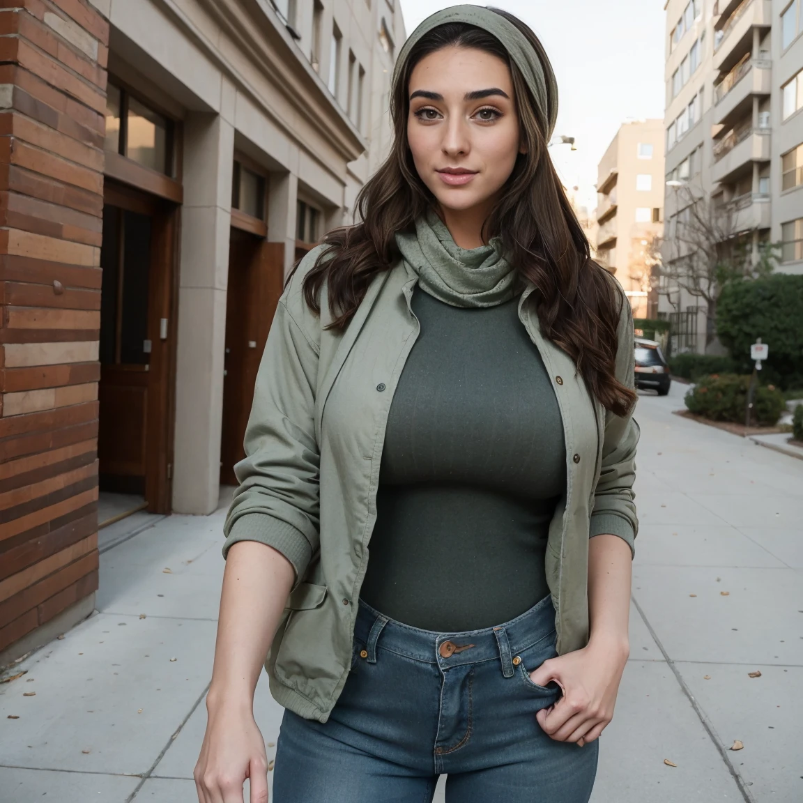 Extremely busty thin and toned brunette photographer, college girl, fair skin, loose side sweep, soft face, athletic, bandana babushka headwrap, tight olive green casual windbreaker, skinny jeans. standing in front of her apartment building, outdoors, city, camera bag, cleavage 