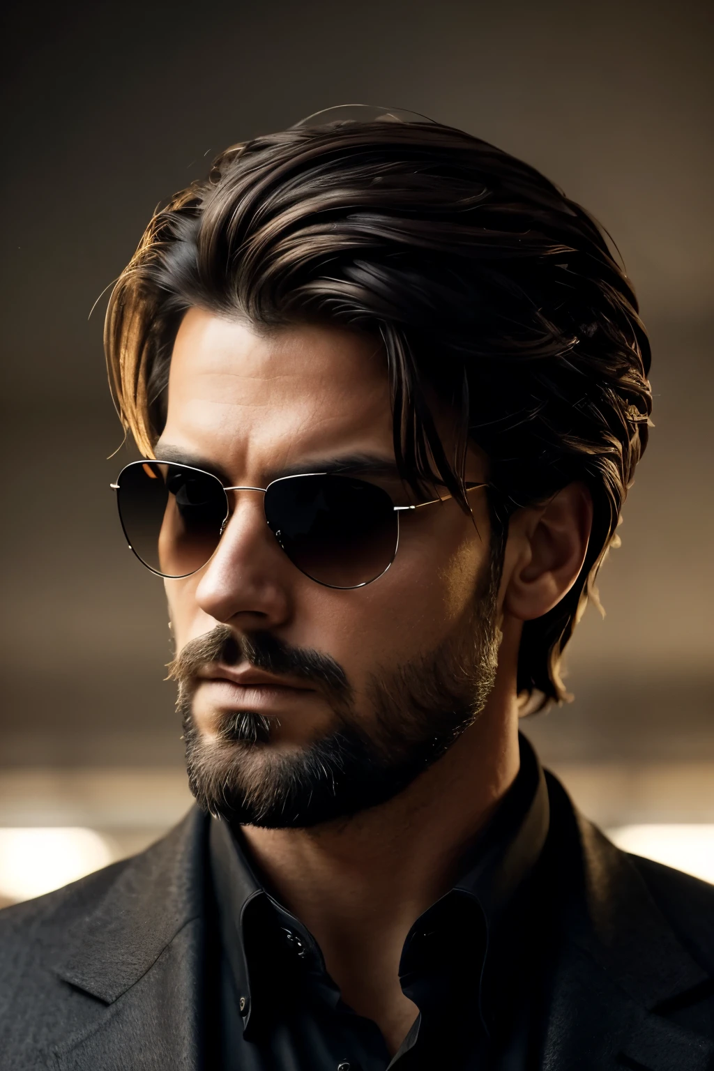 The image captures a man with an intensely enigmatic aura. Clad in a heavy, likely brown-hued coat, he dons sunglasses that veil his eyes, heightening the allure of his mysterious demeanor. A cigarette is held between his fingers, its smoke billowing around his head, contributing to a dramatic and somber atmosphere. His hair is cropped short and sleekly styled, showcasing a modern and meticulously groomed appearance. The man's countenance reflects a serious and resolute gaze, with a faint beard shadow giving him a rugged and authentic edge.

The lighting in the image is low, with a spotlight that illuminates