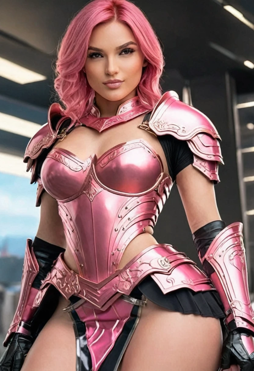 ((high quality:1.2)), work of art, (8k), extremely detailed, ((High detail:1.2)), (HotLexi woman), ((best resolution:1.4)), Solo, 1female, (sexy pink armor, micro-skirt),