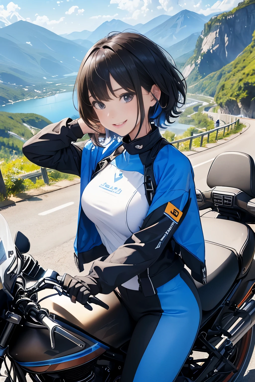 (highest quality、High resolution、8K、masterpiece:1.2、colorful)。Under a clear blue sky、A mountain road lined with beautiful mountains、Beautiful girl getting off her Harley and taking pictures of the mountain with her smartphone。Wearing a rider suit and looking at the mountains。（beautiful girl appearance：short hair、smile、Sweat、messy hair、Helmet）