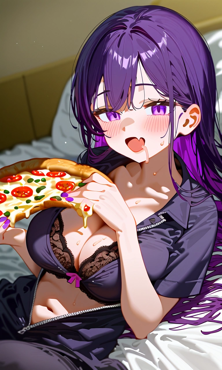 1girl,
score_9,score_8_up,score_7_up,from_anime,detailed,blush,long hair,depth of field,light,bedroom,pizza cutteran,underwear,blurry background,bra,black pajamas,pajamas,sleepy,fang,wariza,thai text,sweat,artist name,official alternate costume,breasts,shirt,solo,:d,indoors,pizza,panty straps,meme,black bra,very long hair,on bed,lace trim,eating,drooling,looking at viewer,large breasts,open mouth,sitting,closed eyes,lace-trimmed bra,purple eyes,mouth drool,blurry,zipper pull tab,food,unzipped,black hair,smile,snake cutout,purple nails,sleeping,cleavage,saliva,pizza box,pizza slice,character doll,twitter username,