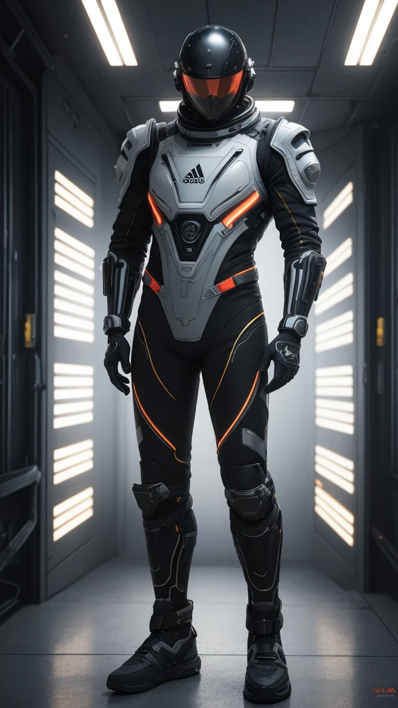 a futuristic space suit design by adidas, highly detailed, sleek and aerodynamic, with advanced technology, glowing neon accents, metallic textures, cinematic lighting, 8k, photorealistic, concept art