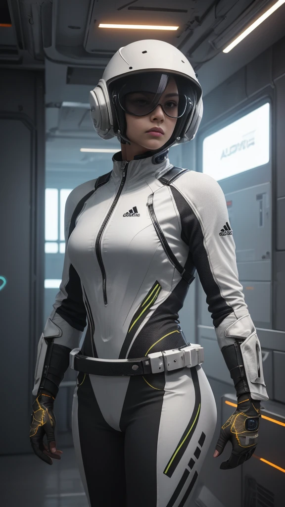 a futuristic space suit design by adidas, highly detailed, sleek and aerodynamic, with advanced technology, glowing neon accents, metallic textures, cinematic lighting, 8k, photorealistic, concept art