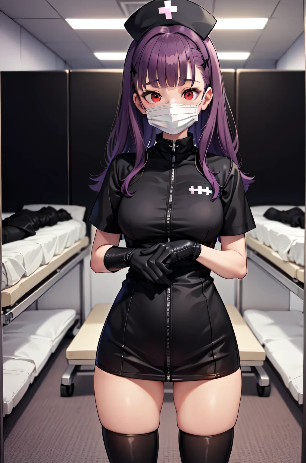 black nurse, 1woman, solo, black nurse cap, black nurse uniform, ((black legwear, zettai ryouiki)), black elbow gloves, long hair, purple hair, red eyes, ((black surgical mask, covered nose)), standing, ((surgery room)), sharp outline, short sleeves, mature female, 35 years old, best quality, masterpiece