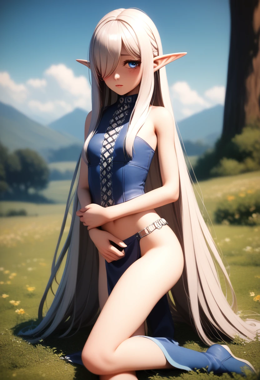 A detailed gnome girl with pale skin, short stature, and very long silver hair that curls at the ends, covering one eye, with small breasts, pouty lips, and bright blue anime-style eyes with long lashes, wearing a leather corset, white puffy-sleeved shirt, and poufy cloth pants tucked into boots, set in a windy fantasy landscape, (best quality,4k,8k,highres,masterpiece:1.2),ultra-detailed, dungeons and dragons,long elf ears,small girl,detailed skin and cloth textures,beautiful detailed face,intricate details,extremely detailed,1girl,dynamic pose with hair covering one eye,shy personality