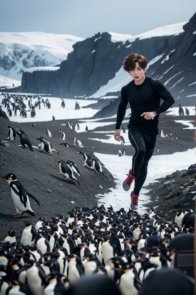 Jeon Jungkook running away from killer penguins with knives