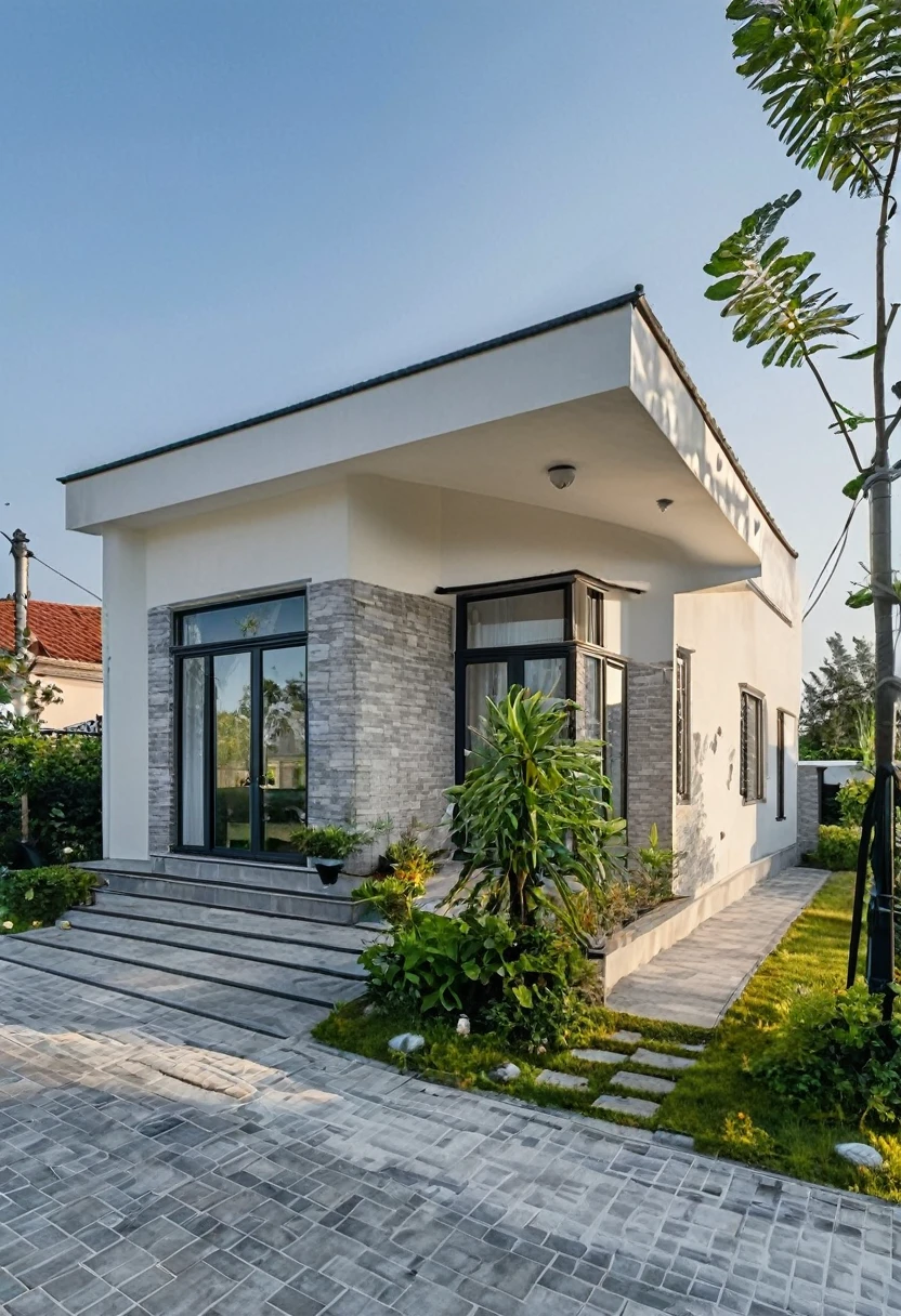 one-storey house with parking in classic exterior style on a plot of 100 m² with fence and parking area