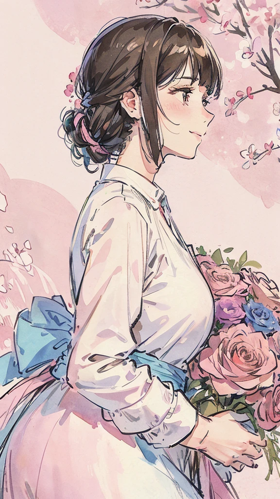 Profile of a woman trying to bury her face in a large bouquet of flowers. A shy smiling woman. Pink. Watercolor painting. Woman is in profile. With space.