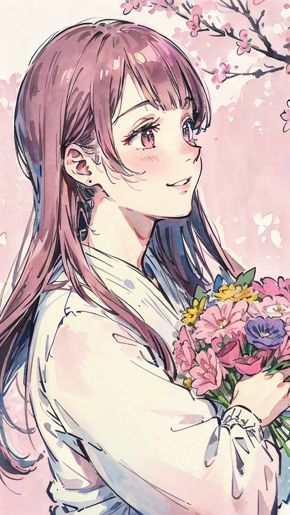 Profile of a woman trying to bury her face in a large bouquet of flowers. A shy smiling woman. Pink. Watercolor painting. Woman is in profile. With space.