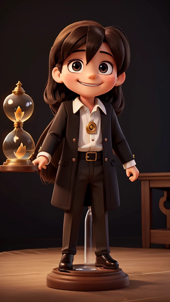 create a logo 10 year old Jesus smiling with an hourglass, black background, period clothes