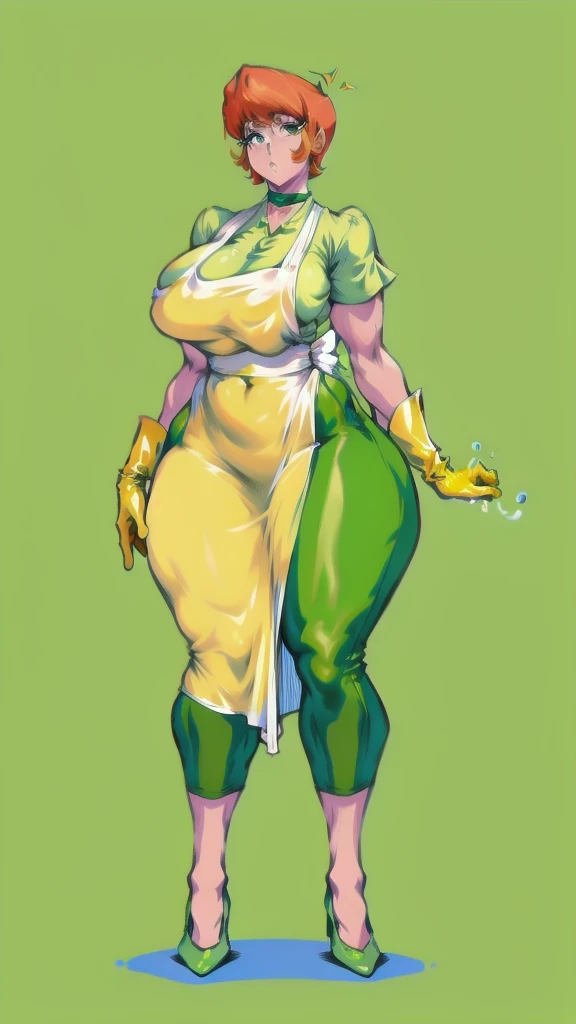 Full body image of Dexter's Mom from Dexter's Laboratory, full body in image, wearing her original outfit (yellow rubber gloves, green dress with white apron, red hair in a bob cut, and white shoes), short hair, female body, curvy and voluptuous body, dynamic pose, detailed pose, simple background, expressive face, focus on face, line art, sketch