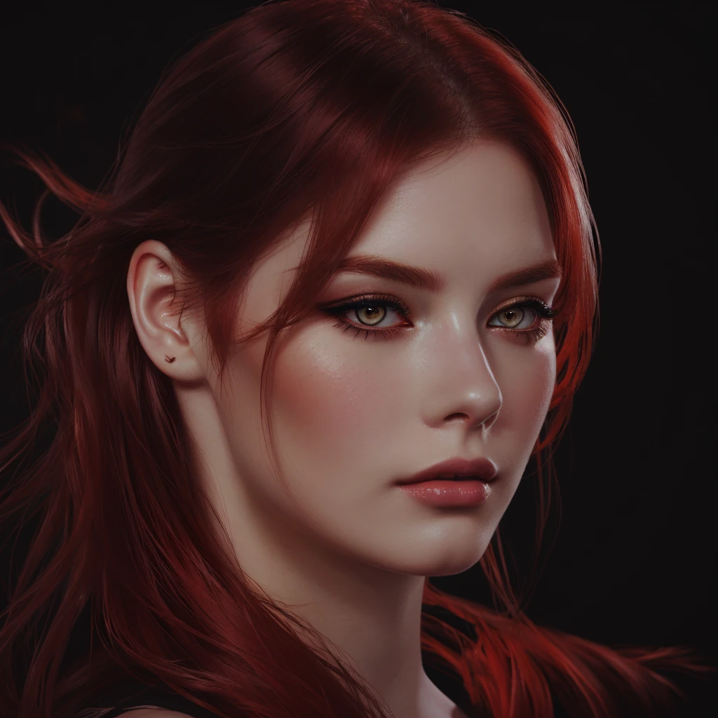 woman with medium-hair ,Auburn-red-hair, pale,soft body,eyeliner,portrait, beautiful woman, beautiful female ,beautiful ,eyeliner , elegant, digital painting, smooth, dramatic lighting, ultra realistic, 8k, art , blur backgrond, black background ,black background,black wallpaper