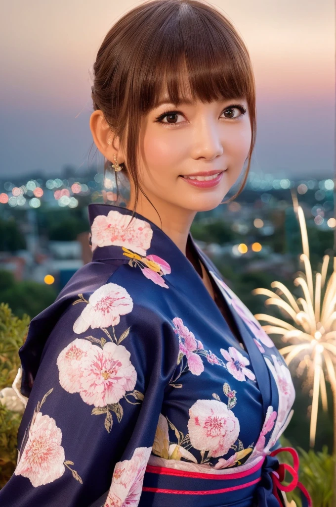 1girl, (wearing a yukata with floral pattern:1.2),(on a hill overlooking a city:1.4),(fireworks in the background:1.3),(RAW photo, best quality), (realistic, photo-realistic:1.4), masterpiece, an extremely delicate and beautiful, extremely detailed, 2k wallpaper, Amazing, finely detail, extremely detailed CG unity 8k wallpaper, ultra-detailed, highres, soft light, beautiful detailed girl, extremely detailed eyes and face, beautiful detailed nose, beautiful detailed eyes,cinematic lighting,city lights at night,starry sky,perfect anatomy,dynamic angle,modest pose, light smile, huge breasts,
