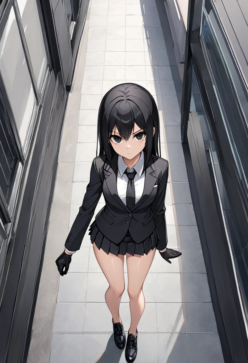 Black miniskirt ,shoes, dress shirt , View from above , pleated skirt , black long tie , assassin , whole body ,business attire , Black gloves , shorts blazer , bare legs , black hair , black eyes , straight hair , thighs , whole body
