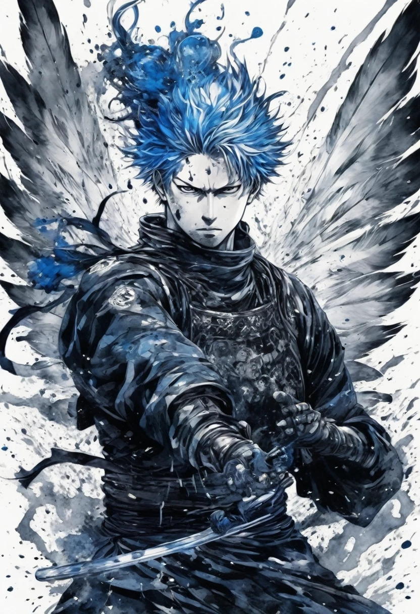 Ink and ink painting,Black and white painting,splash,Beautiful detailed glass hair,Jujutsu Kaisen,Itadori Yuuji,samurai armor,outstretched arms,(Blue Butterfly々,Feather powder),