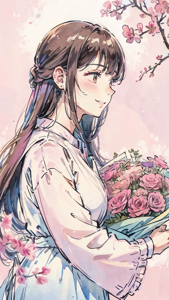 Profile of a woman trying to bury her face in a large bouquet of flowers. A shy smiling woman. Pink. Watercolor painting. Woman is in profile. With space.
