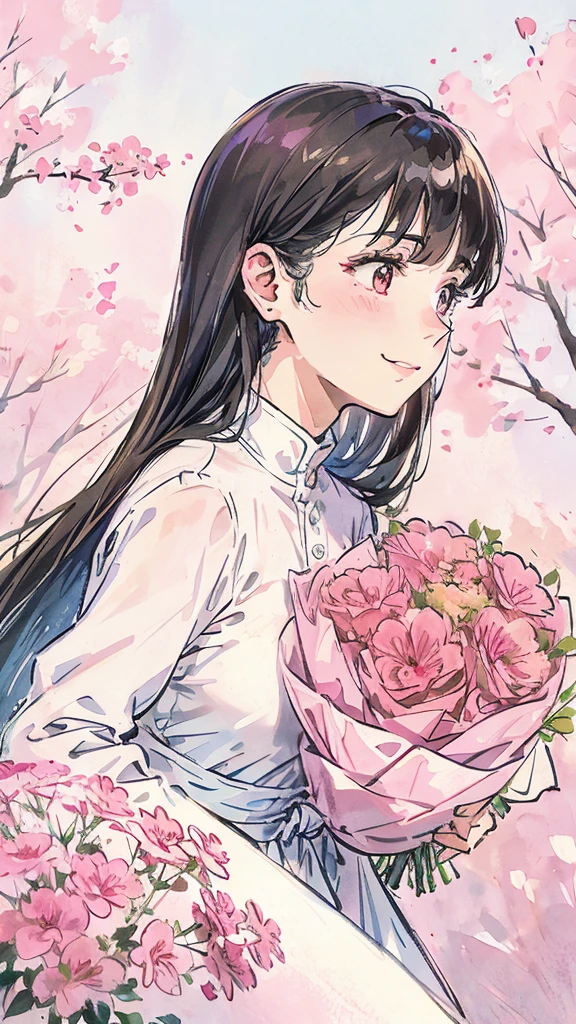 Profile of a woman trying to bury her face in a large bouquet of flowers. A shy smiling woman. Pink. Watercolor painting. Woman is in profile. With space.