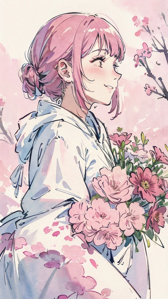 Profile of a woman trying to bury her face in a large bouquet of flowers. A shy smiling woman. Pink. Watercolor painting. Woman is in profile. With space.