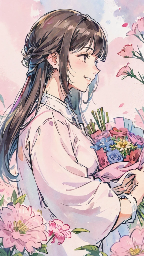 Profile of a woman trying to bury her face in a large bouquet of flowers. A shy smiling woman. Pink. Watercolor painting. Woman is in profile. With space.