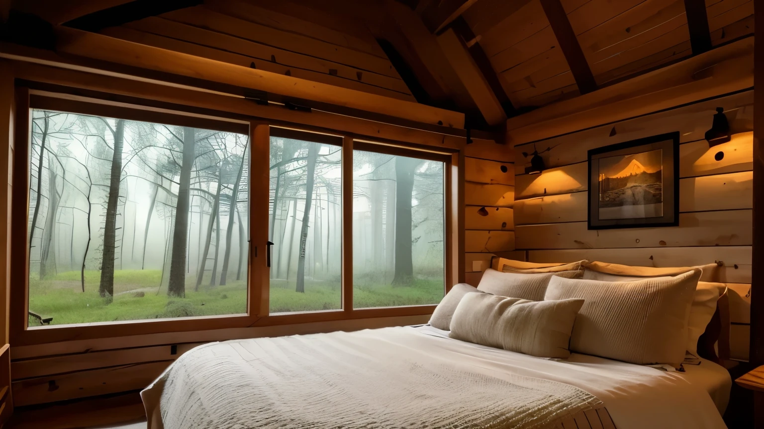 a bedroom with a fire place in the middle of the room, large windows to forest at night, cozy place, cozy and calm, cozy and peaceful atmosphere, cozy atmospheric, cozy room, cozy environment, cozy bed, cozy night fireflies, cozy treehouse bedroom, dreamy atmosphere and drama, soothing and cozy landscape, inside on a rainy day, cosy atmoshpere