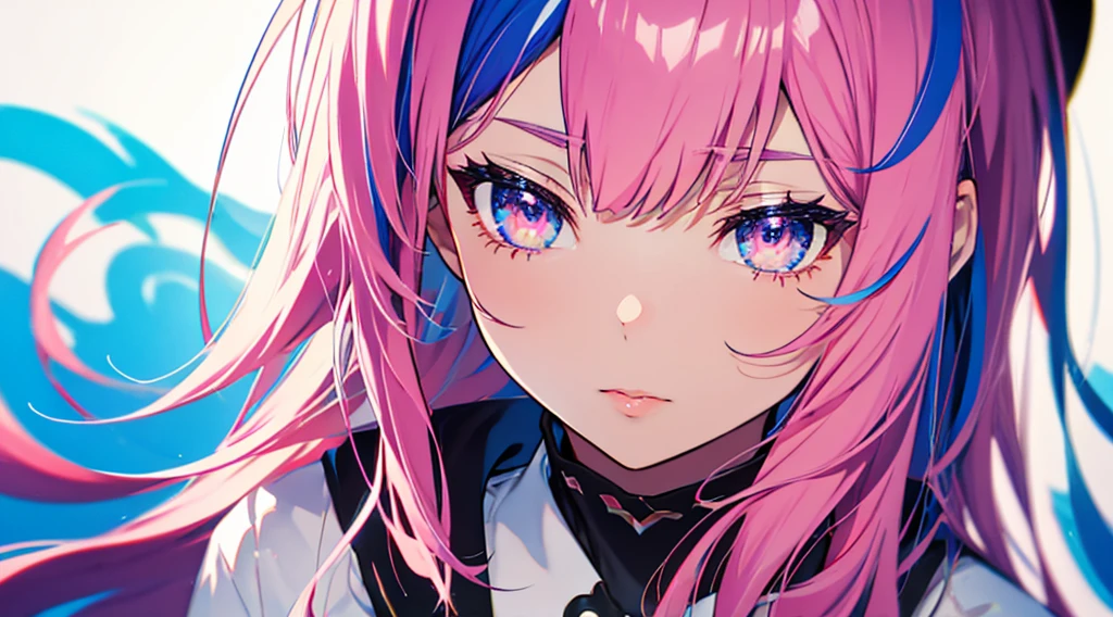 Close-up shot, Eye close-up, ((masterpiece)), ((Super detailed)), Pixiv, Best Shadow, Best lighting, Highest quality, Cinematic shots, One Girl, alone, prohibit, Theme depth, paint, Portraiture, Hair length, Blunt bangs, Lips parted, Paint splashes, ((Two-tone hair)), Looking into the camera, Pink Hair, ((Colorful eyes)), chromatic aberration
