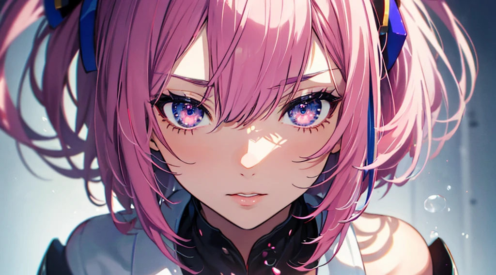 Close-up shot, Eye close-up, ((masterpiece)), ((Super detailed)), Pixiv, Best Shadow, Best lighting, Highest quality, Cinematic shots, One Girl, alone, prohibit, Theme depth, paint, Portraiture, Hair length, Blunt bangs, Lips parted, Paint splashes, ((Two-tone hair)), Looking into the camera, Pink Hair, ((Colorful eyes)), chromatic aberration