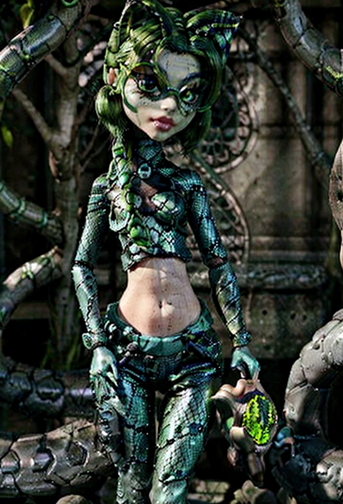  Snake hybrid hairs are short and styled into a pompadour, with reflections in shades of green that resemble snake scales. Your eyes are piercing, with emerald green irises, and he often wears sunglasses. Your skin is green like a snake&#39;s skin.. wearing cool and modern clothes, often with details inspired by reptilian elements, such as scale prints or accessories that resemble snake fangs.