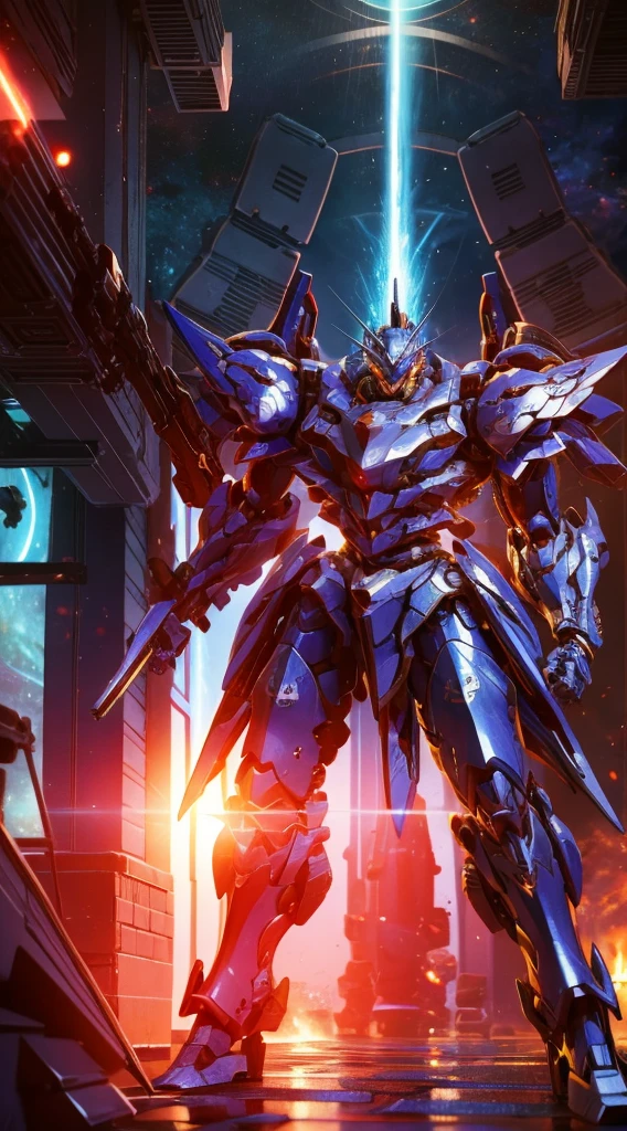(Obra de arte, melhor qualidade:1.5).Mech branco e azul com detalhes dourados, médio, segurando uma sniper azul grande. Extremely detaild, 8K, HDR, naturallight, cinematic lighting, masterpiece-anatomy-perfect, Ultra HD, (Space Combat:1.5, Battlefield:1.5), RAW photo, metallic, professional, ultra-fine painting, perfect body proportions, anatomically correct, uhd, real texture material, Anti-Aliasing, FKAA, TXAA, SSAO, Post Processing, Post Production, Tone Mapping, CGI, VFX, SFX, Hyper maximalist, Volumetric, ultra photorealultra-detailed intricate details.