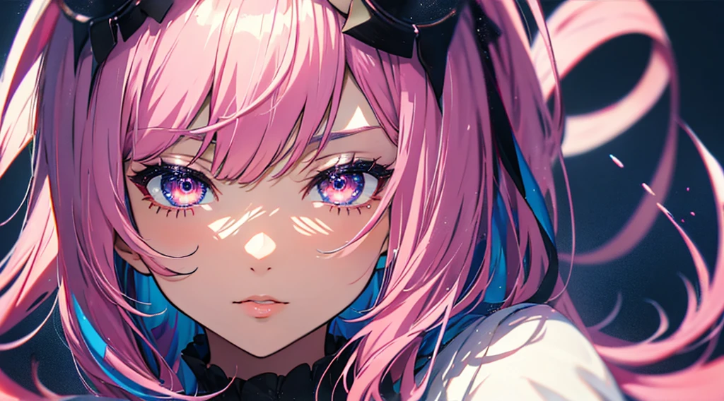 Close-up shot, Eye close-up, ((masterpiece)), ((Super detailed)), Pixiv, Best Shadow, Best lighting, Highest quality, Cinematic shots, One Girl, alone, prohibit, Theme depth, paint, Portraiture, Hair length, Blunt bangs, Lips parted, Paint splashes, ((Two-tone hair)), Looking into the camera, Pink Hair, ((Colorful eyes)), chromatic aberration