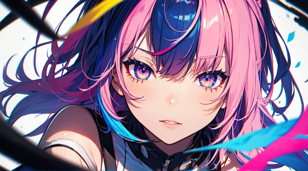 Close-up shot, Eye close-up, ((masterpiece)), ((Super detailed)), Pixiv, Best Shadow, Best lighting, Highest quality, Cinematic shots, One Girl, alone, prohibit, Theme depth, paint, Portraiture, Hair length, Blunt bangs, Lips parted, Paint splashes, ((Two-tone hair)), Looking into the camera, Pink Hair, ((Colorful eyes)), chromatic aberration