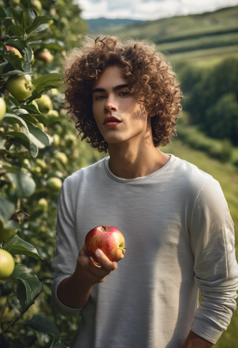 Peaceful portrait of a young man eating an apple, curly hair. Beautiful scenery, great details, 8k