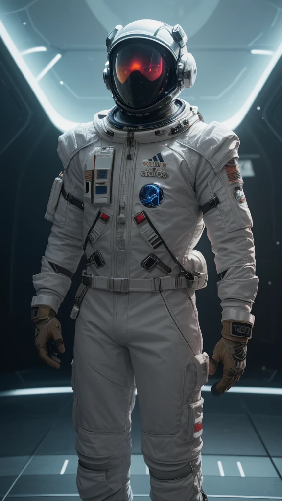 a highly detailed and sleek space suit design by adidas, aerodynamic and advanced technology, glowing neon accents, metallic textures, cinematic lighting, 8k, photorealistic, concept art