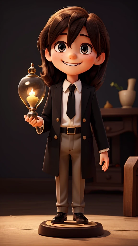 create a logo 10 year old Jesus smiling with an hourglass, black background, period clothes