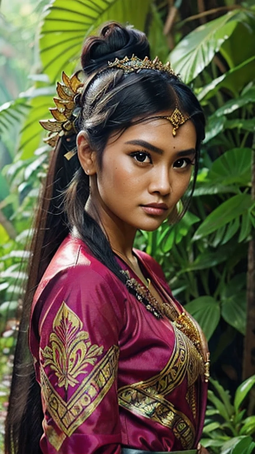 create a hyper realistic photo a beautiful indonesian woman as a hero in dynasty kingdom of padjajaran, wearing batik kemben ,long black hair with bun, eyes to camera, rainforest background