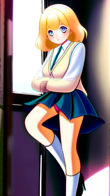 Pleated skirt, Dress shirt, White shirt, Yellow cardigan, Low heels, Long socks, White socks, School, classroom, amber, Blonde, blue eyes, (Pink Panties, Skirt flip), only, cute, Portraiture, Vibrant colors, Soft lighting, JC Girl,