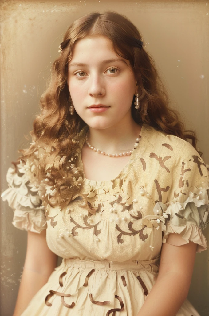 there is a picture of a young girl with a dress on, autochrome pearl portrait, inspired by Henriette Wyeth, a colorized photo, inspired by Laura Theresa Alma-Tadema, colorized background, inspired by Johanna Marie Fosie, sepia toned, in a style blend of botticelli, inspired by Hilde Goldschmidt, color studio portrait, color portrait