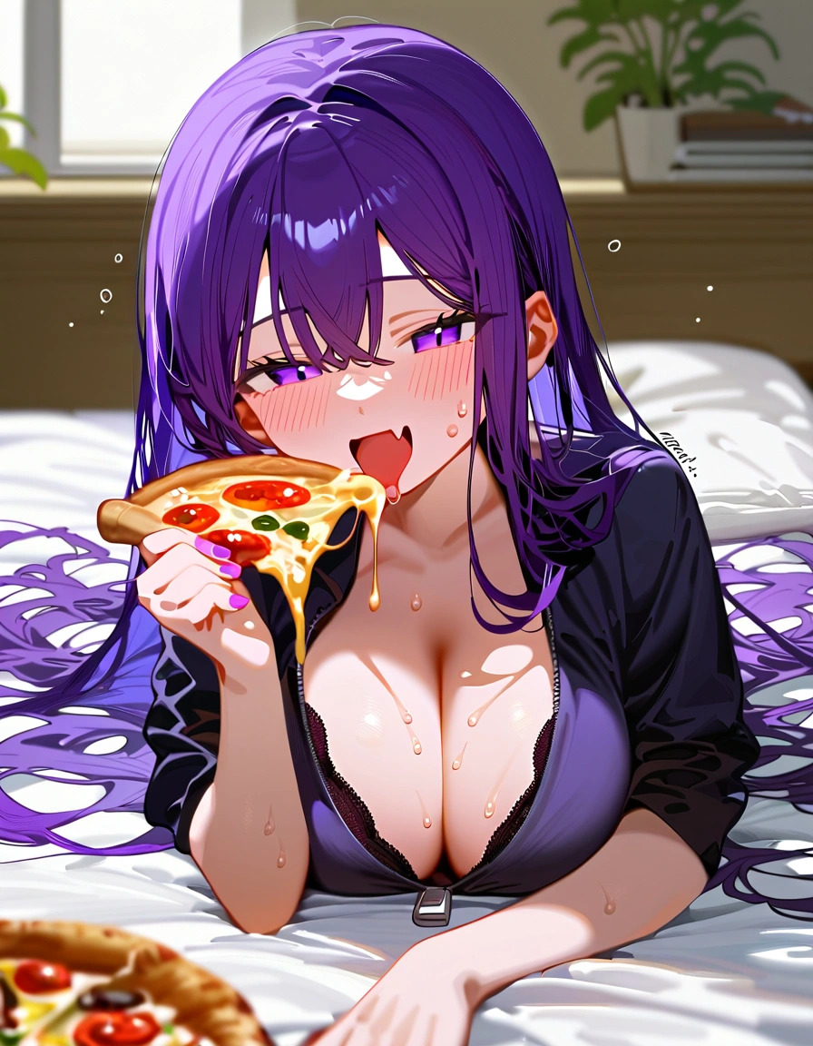 1girl,
score_9,score_8_up,score_7_up,from_anime,detailed,blush,long hair,depth of field,light,bedroom,pizza cutteran,underwear,blurry background,bra,black pajamas,pajamas,sleepy,fang,wariza,thai text,sweat,artist name,official alternate costume,breasts,shirt,solo,:d,indoors,pizza,panty straps,meme,black bra,very long hair,on bed,lace trim,eating,drooling,looking at viewer,large breasts,open mouth,sitting,closed eyes,lace-trimmed bra,purple eyes,mouth drool,blurry,zipper pull tab,food,unzipped,black hair,smile,snake cutout,purple nails,sleeping,cleavage,saliva,pizza box,pizza slice,character doll,twitter username,