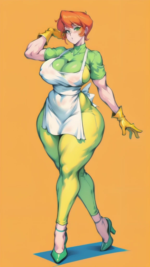 Full body image of Dexter's Mom from Dexter's Laboratory, full body in image, wearing her original outfit (yellow rubber gloves, green dress with white apron, red hair in a bob cut, and white shoes), short hair, female body, curvy and voluptuous body, dynamic pose, detailed pose, simple background, expressive face, focus on face, line art, sketch