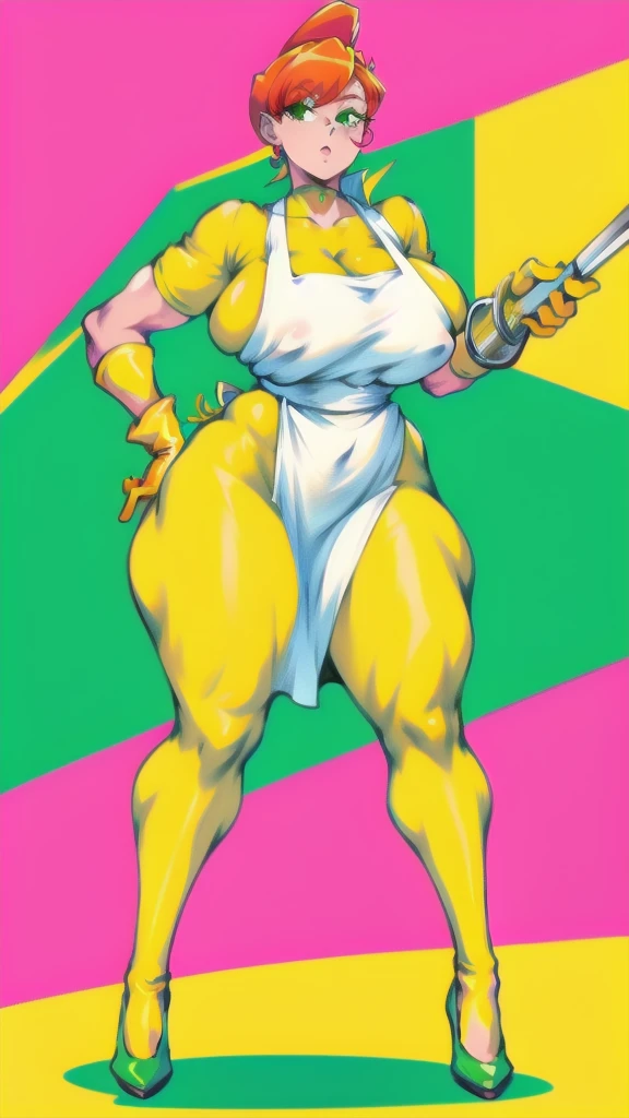 Full body image of Dexter's Mom from Dexter's Laboratory, full body in image, wearing her original outfit (yellow rubber gloves, green dress with white apron, red hair in a bob cut, and white shoes), short hair, female body, curvy and voluptuous body, dynamic pose, detailed pose, simple background, expressive face, focus on face, line art, sketch