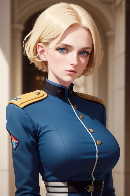 (best qualityer), ((work of art)), 8k 25 years, female military,Blonde woman with short hair,blue colored eyes,Round face ,breasts big,wearing lieutenant colonel&#39;s uniform,american soldier,seducer, ear length hair (((upturned eyes))) Stately ((U.S. Army uniform )) slender construction, ((hairstyle with bangs)) (((Arthur Rackham watercolor sketch ))) muted palette, holding machine gun ,fully body, scene facing the viewer, war tank back 