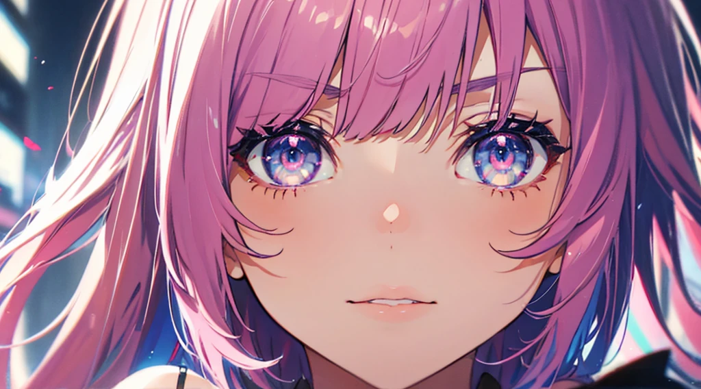 Close-up shot, Eye close-up, ((masterpiece)), ((Super detailed)), Pixiv, Best Shadow, Best lighting, Highest quality, Cinematic shots, One Girl, alone, prohibit, Theme depth, paint, Portraiture, Hair length, Blunt bangs, Lips parted, Paint splashes, ((Two-tone hair)), Looking into the camera, Pink Hair, ((Colorful eyes)), chromatic aberration