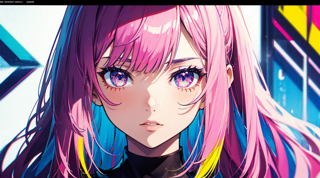 Close-up shot, Eye close-up, ((masterpiece)), ((Super detailed)), Pixiv, Best Shadow, Best lighting, Highest quality, Cinematic shots, One Girl, alone, prohibit, Theme depth, paint, Portraiture, Hair length, Blunt bangs, Lips parted, Paint splashes, ((Two-tone hair)), Looking into the camera, Pink Hair, ((Colorful eyes)), chromatic aberration