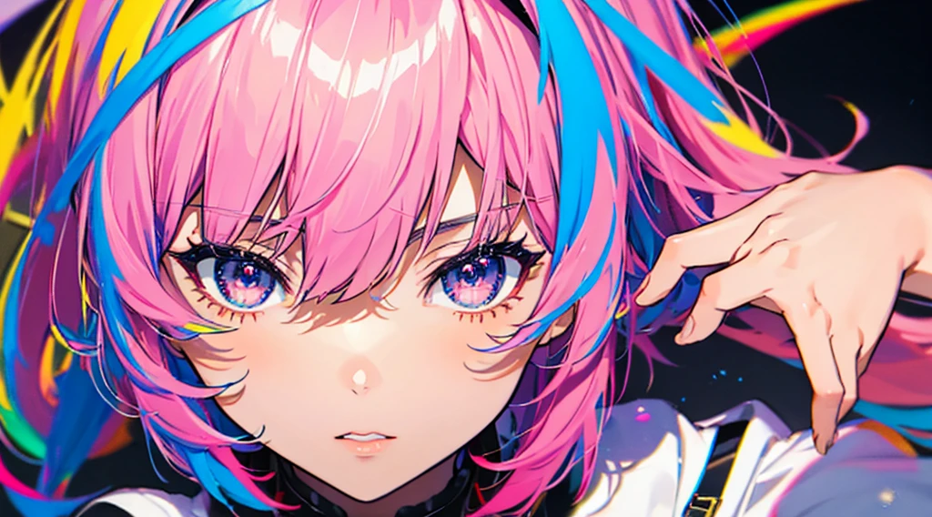 Close-up shot, Eye close-up, ((masterpiece)), ((Super detailed)), Pixiv, Best Shadow, Best lighting, Highest quality, Cinematic shots, One Girl, alone, prohibit, Theme depth, paint, Portraiture, Hair length, Blunt bangs, Lips parted, Paint splashes, ((Two-tone hair)), Looking into the camera, Pink Hair, ((Colorful eyes)), chromatic aberration