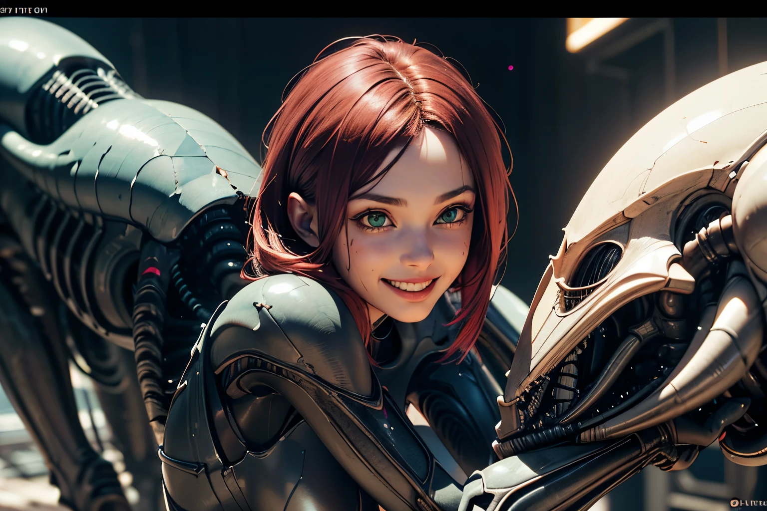 Alien xenomorph hugs (smile, girl 15 years old, Short, Red hair, green eyes). ((elegance. gradient. Photorealism. Unreal engine. split. 3d model. Ultra high quality textures. high detail. permission 8k))