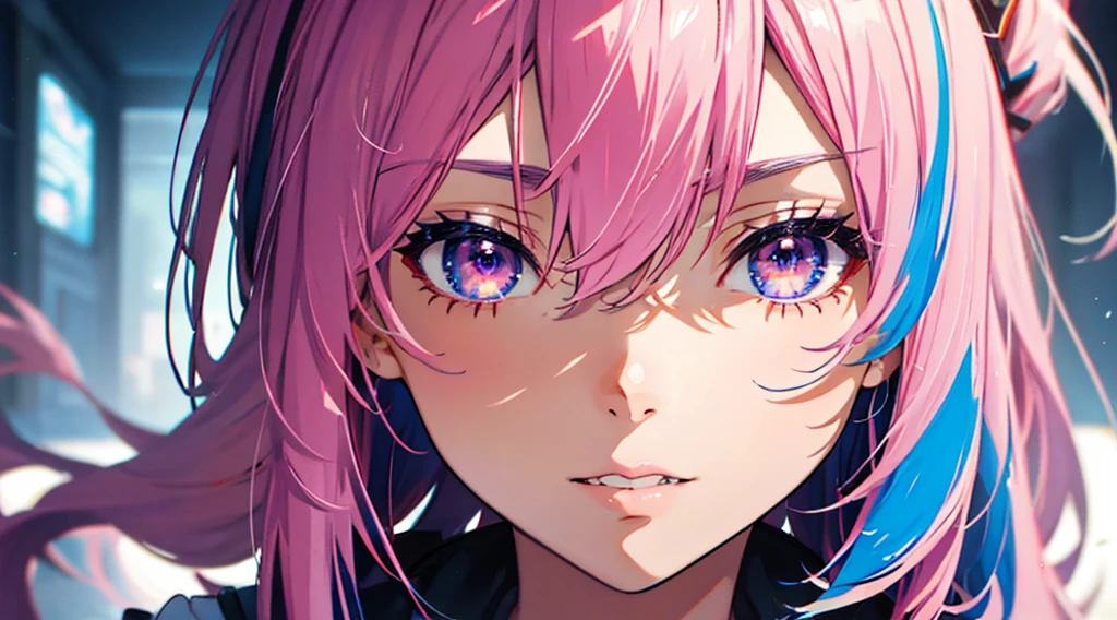 Close-up shot, Eye close-up, ((masterpiece)), ((Super detailed)), Pixiv, Best Shadow, Best lighting, Highest quality, Cinematic shots, One Girl, alone, prohibit, Theme depth, paint, Portraiture, Hair length, Blunt bangs, Lips parted, Paint splashes, ((Two-tone hair)), Looking into the camera, Pink Hair, ((Colorful eyes)), chromatic aberration
