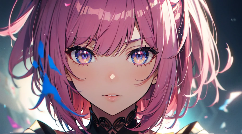 Close-up shot, Eye close-up, ((masterpiece)), ((Super detailed)), Pixiv, Best Shadow, Best lighting, Highest quality, Cinematic shots, One Girl, alone, prohibit, Theme depth, paint, Portraiture, Hair length, Blunt bangs, Lips parted, Paint splashes, ((Two-tone hair)), Looking into the camera, Pink Hair, ((Colorful eyes)), chromatic aberration