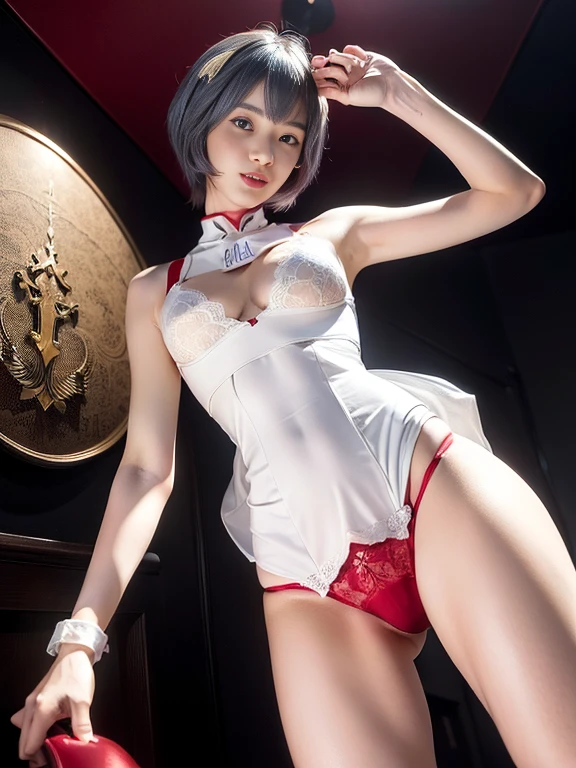 (Mesa, Best Quality, ultra detailed, 8k, wallpaper, photorealistic), ((perfect hands)), ((perfect anatomy)), lace neckline,, ((Attractive anime girl 1)), ((Rei Ayanami)), ((Capturing her ethereal beauty with pale skin., The dense short indigo hair is stunning.)),Clean and detailed faces will appeal to viewers、 ((bright red lips)), ((executive suit))、((very marked red panties), ((medium shot, from below)), Kamimei(Mesa, Best Quality, ultra detailed, 8k, wallpaper, photorealistic), ((perfect hands)), ((perfect anatomy)), big neckline,((Attractive anime girl 1)), ((Rei Ayanami)), ((Capturing her ethereal beauty with pale skin., The dense short indigo hair is stunning.)),Clean and detailed faces will appeal to viewers、 ((bright red eyes)), ((executive suit))、((red lace panties), ((medium shot, from below)), Kamimei, high heels